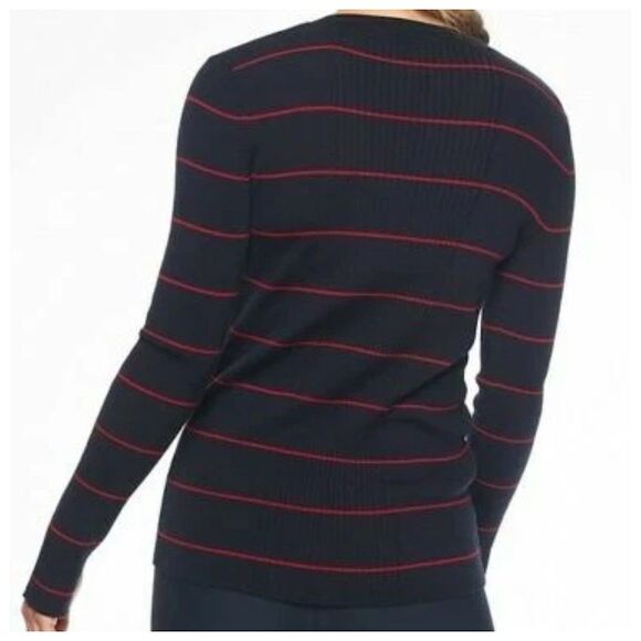 Athleta Crewneck Bayside Ribbed Sweater Top Sz L Blue Striped Merino Wool Blend - Picture 2 of 12
